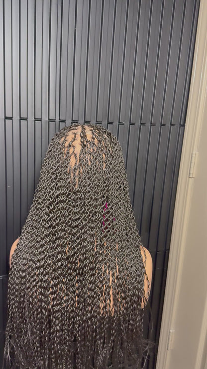 Dark root gray small medium knotless braids